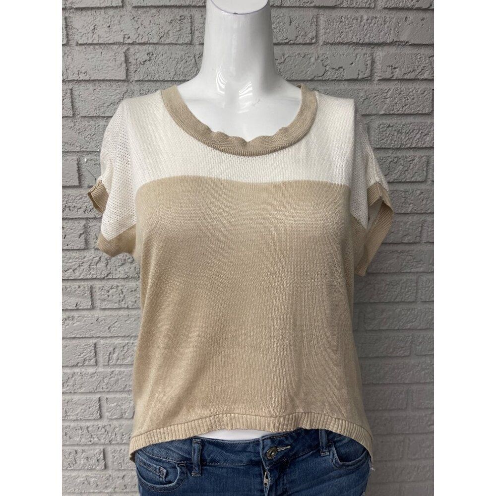 Absolutely Cream / Tan Hi-Lo Short Sleeve Mesh Top Size S